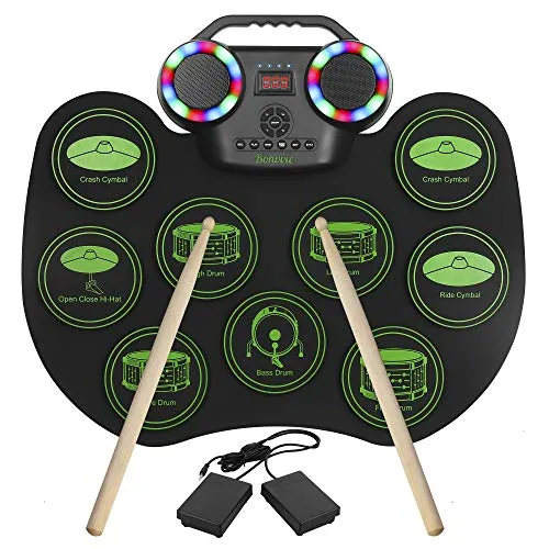 E-Drum Kit, Bonvvie tragbare wiederaufladbare digitale Rollentrommel von mit 9 Pads, MIDI, DTC, eingebauten Lautsprechern, ideal für Kinder, Studenten, Anfänger, Enthusiasten (G6001)
