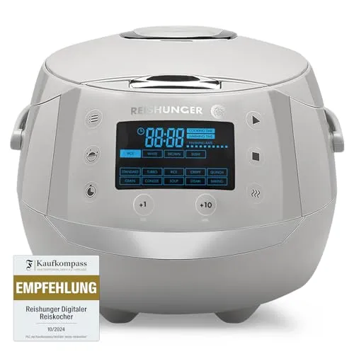 REISHUNGER Digitaler Reiskocher & Dampfgarer Grau 1,5 L - Reiskocher mit 12 Programmen und Fuzzy Logic für perfekten Reis. Ideal für bis zu 8 Personen, inklusive Warmhaltefunktion und hochwertigem Innentopf.