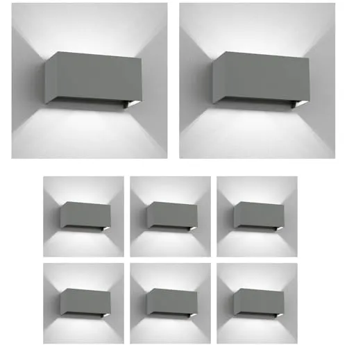 ledscom.de 8 Stück Wandleuchte CUBEL für außen, grau, IP65, Up & Downlight, inkl. 2 LED Lampen, je 4,4 W, 596lm, weiß