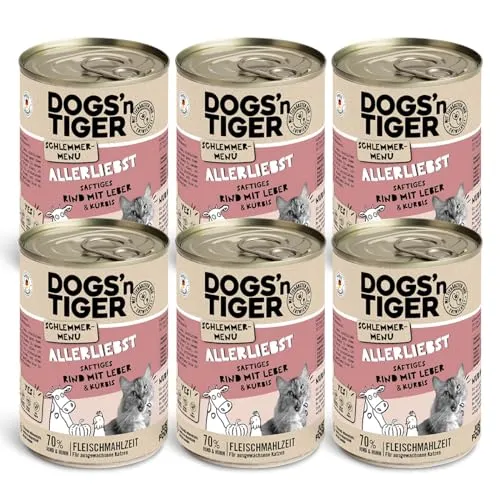 Dogs’n Tiger Adult Katzenfutter, Allerliebst, Katzennassfutter mit Rind, Leber und Kürbis - ohne Getreide, Zuckerzusatz, künstliche Konservierungsstoffe, optimale Verträglichkeit, 6X 400g