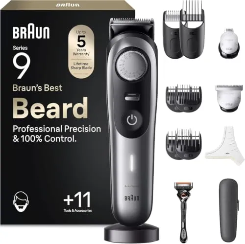 Braun Barttrimmer Series 9, Elektrischer Bartschneider Herren mit 10 Barber-Tools, Ultrascharfe ProBlade Klinge, 180 Min Akkulaufzeit, Kabelloser Bartrasierer, 40 Längen, Wasserdicht, BT9420, Grau