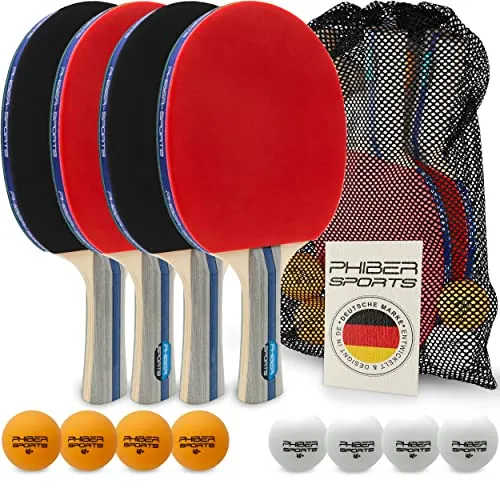 PHIBER-SPORTS Tischtennis Set mit 4 Schlägern und 8 Bällen - Tischtennisset für Indoor & Outdoor, ideal für Anfänger und Profis – inklusive praktischer Tragetasche und 30-Tage Geld-zurück-Garantie für volle Zufriedenheit.