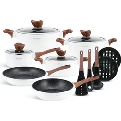 Elegantes Topfset in Schneeweiß mit Kasserolle und Pfannen – 15-teilig - Das 15-teilige Topfset umfasst hochwertige Töpfe und Pfannen mit marmorsteinbeschichteter Oberfläche. Ideal für alle Herdarten, bietet es eine gleichmäßige Wärmeverteilung und ergonomische, hitzebeständige Griffe für sicheres Kochen.