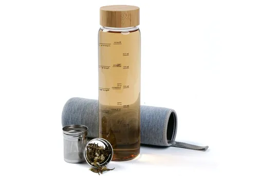 Penelife Isolierflasche Teeflasche mit Sieb to go 1l Trinkflasche mit Edelstahl Sieb, Borosilikatglas, 1 Liter Volumen