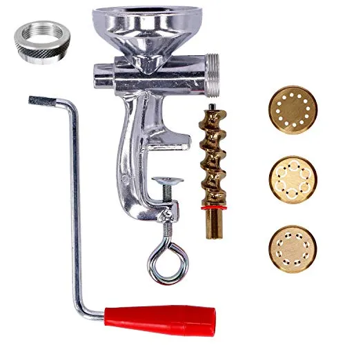 Nudelmaschine manuell mit 3 Matrizen aus Messing und Aluminium für Spaghetti, Makkaroni und Bucatini | Pasta Maker