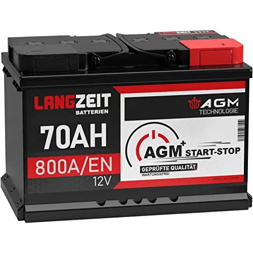 LANGZEIT AGM Batterie 70Ah 12V - Hochleistungs Autobatterie - Autobatterie 70Ah - 800A/EN, ideal für Start-Stop-Fahrzeuge. Entwickelt in Österreich, bietet sie eine dreifache Zyklenlebensdauer und herausragende Leistung für kraftvolle Motoren.