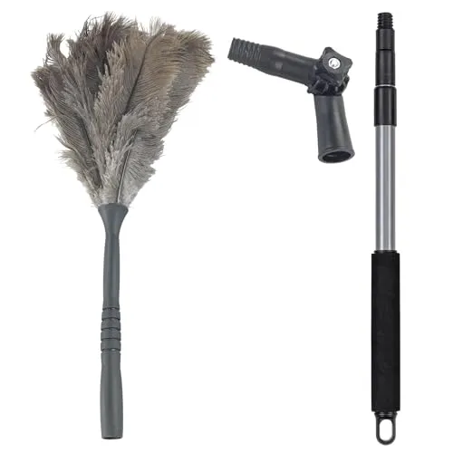 Straußenfeder-Staubwedel mit Teleskopstiel und Knickgelenk - Effiziente Reinigung bis 4 m Höhe: Der Straußenfeder-Staubwedel mit ausziehbarem Teleskopstiel und Knickgelenk ermöglicht müheloses Staubwischen an hohen Stellen. Ideal für empfindliche Oberflächen und allergikerfreundlich.