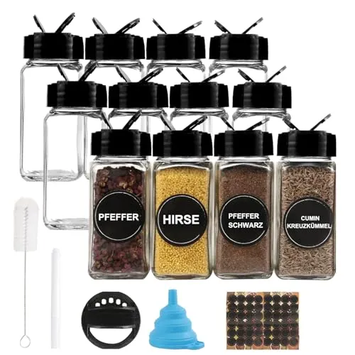 Produktbild pojah 12er Gewürzgläser Set,120ml Glas Gewürzdosen eckig Aufbewahrung mit Schwarz Deckel, Trichter, Bürste, Etiketten & Kreidestift,10,5 x 4,3 cm