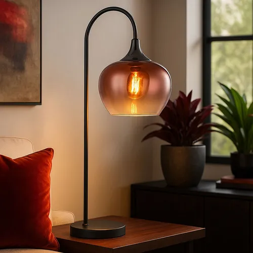 MAXY Tischleuchte schwarz-matt mit kupferfarbenem Glas - Elegante Tischleuchte aus schwarz mattem Metall mit einem kupferfarbenen Glasschirm, ideal für eine warme Beleuchtung und modernes Design in jedem Raum.