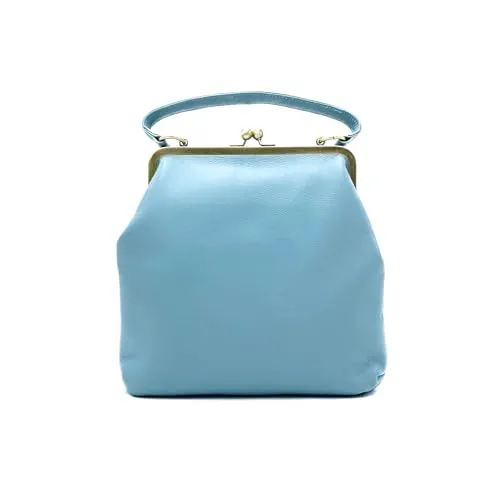 Taschenkinder Lederhandtasche mit Bügelverschluss – Modell Zoe, Henkeltasche und Schultertasche aus echtem Leder für Damen. (Aqua Blau)