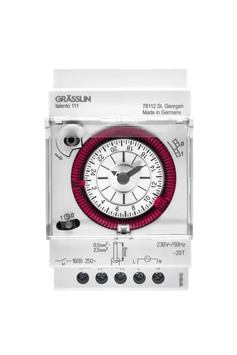 Grässlin Zeitschaltuhr talento 111 SK - Analoge Zeitschaltuhr für Hutschienenmontage, ideal für die tägliche Steuerung von Elektrogeräten, kompakte Größe und benutzerfreundliche Bedienung.