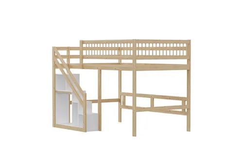 autolock Kinderbett Massivholzbett 140*200, Treppe mit Stauschrank, hohes Geländer, Kinderbett, Jugendbett, Massivholzbettgestell, Holzfarbe