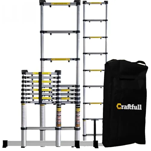 𝐂𝐑𝐀𝐅𝐓𝐅𝐔𝐋𝐋 Aluminium Teleskopleiter CF-101A - 3,2 Meter - Stehleiter mit 3 Jahren Garantie, Sicherheits-Rasterverschlüsse und gummierte Füße für stabilen Stand – ideal für Heimwerker und Profis bei Arbeiten in großer Höhe.