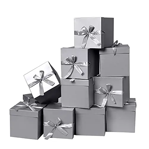 Pack kleine Geschenkboxen mit Deckeln, quadratische Boxen mit Deckeln, perfekt für Hochzeiten, Verlobungen, Abschlussfeiern, Feiertage, Weihnachten, Geburtstag, Vatertag (Silber 10 cm) 12