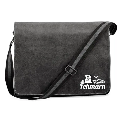 Huuraa Umhängetasche Fehmarn Strandmotiv 14 Liter Black Canvas Laptoptasche Geschenkidee