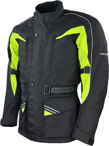 Roleff Motorradjacke RO10005 – Schwarz/Neongelb, Wasserdicht & Atmungsaktiv - Schutzjacke aus Kodra 500D mit zertifizierten Sicherheitsprotektoren, ideal für Touring & Alltag – ganzjährig einsetzbar dank herausnehmbarem Winterfutter.