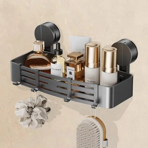 FERCOSEN Saugnapf-Duschablage ohne Bohren | 4 Haken, 32 cm Länge, 10 kg Tragfähigkeit, 1-Minuten-Installation | Abnehmbare und rostfreie Shampoo-Halterung für Dusche