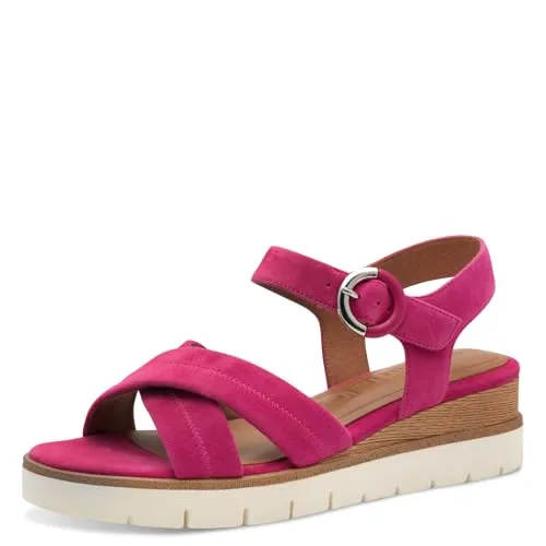 Tamaris Keilsandalette - Modische Riemchensandale in Rosa - Wanderschuhe mit 5 cm Keilabsatz und gepolsterter Innensohle für optimalen Komfort. Ideal für den Sommer und modisch durch dezente Ziernähten.