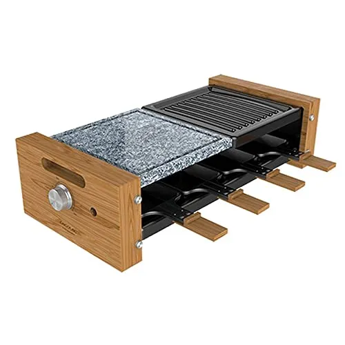 Cecotec Holz Raclette Käse & Grill 8200 - 1200 W für bis zu 8 Personen - Raclette-Grill für 8 Personen mit Antihaftplatte und einstellbarem Thermostat. Ideal für gesellige Abende mit Familie und Freunden, gesundes Garen ohne Fett.