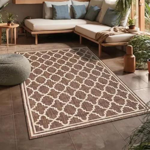 VIMODA Teppich In- und Outdoor Flachgewebe Terrasse Balkon Wetterfest Wintergarten Robust Marokkanisch geprägtes Design,Farbe:Braun;Maße:60x100 cm