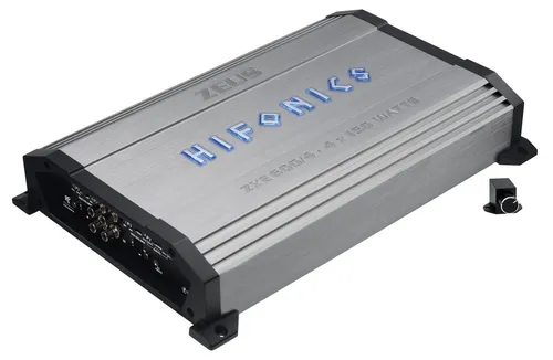 Hifonics ZXE 4x150W Verstärker - Class A/B 4-Kanal Verstärker mit Hochpegel-Eingängen, Bass Boost und beleuchtetem HiFonics-Logo für modernes Car HiFi und beeindruckende Klangqualität.