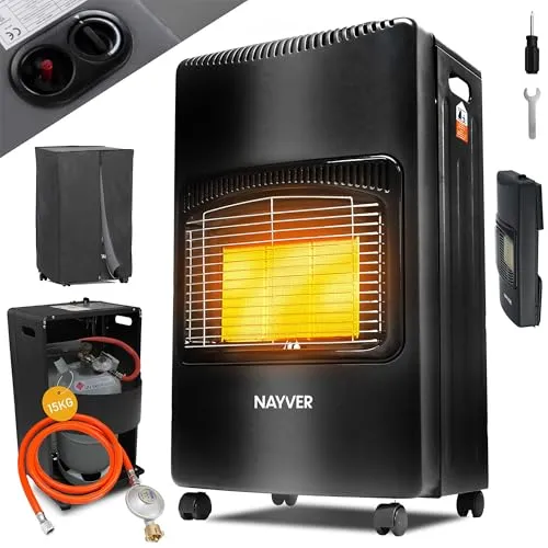 NAYVER® 4200 Watt Heizstrahler - Gasofen/Keramik Gasheizer inkl. Gasdruckregler Gasschlauch/Infrarot Keramikbrenner/Gasheizer Butan- oder Propangasflaschen bis 15kg (Schwarz) (Schwarz)