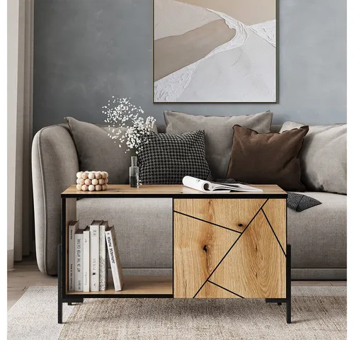 Vicco Couchtisch Hatto, Eiche, 90 x 39.7 cm - Moderner Couchtisch mit 1 Tür und 2 Fächern für optimalen Stauraum, ideal für ein stilvolles Wohnzimmer. Das praktische Push-to-open-System erleichtert den Zugriff auf Ihre Utensilien.