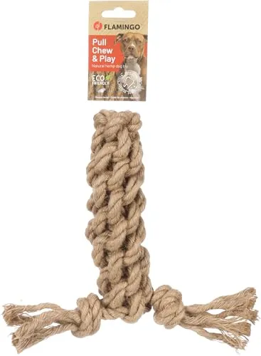 Flamingo Hundespielzeug Hanf Kush Zugseil mit 2 Knoten braun - 28x9x6,2cm - Beugt Zahnbelag vor - Massiert das Zahnfleisch - 100% natürlich