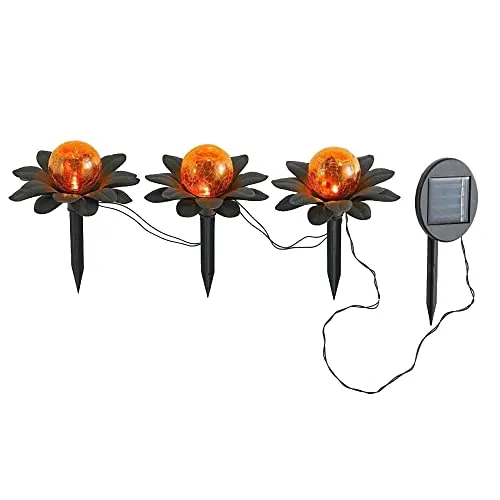 3x Solar-Garten-Außen-Leuchte FLORA mit Spieß, H: 19,8cm, Metall-Blume rostfarbig D: 14,4cm, Glas-Kugel Bersteinfarbig D: 8cm; Kabel 2 M, Abstand zwischen Blumen 50cm, IP44 (1 x 3er Set)