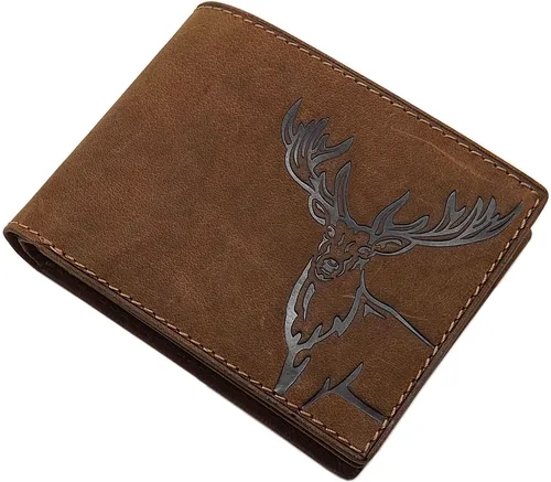 Büffelleder Geldbörse Geldbeutel Portemonnaie Hirsch Motiv RFID Schutz Braun