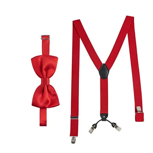 Hosenträger mit Fliege Rot Set für Herren und Damen I Y-Form Träger elastisch mit extra starken Clips - 3,5cm breit - längenverstellbar I Vorgebundener Schlips für Anzug