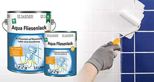 Jaeger Aqua Fliesenlack 875 in Weiß - 0,75l - Arbeitsplatten- & Fliesenfarbe, wasserbasiert und ideal für eine langlebige, schmutzabweisende Oberfläche in Bad und Küche.