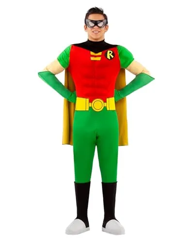 Funidelia Offizielles Robin Kostüm für Herren – Superhelden Outfit für Karneval und Halloween, Größe S - Originelles Robin Kostüm für Herren, bestehend aus Overall, Umhang, Gürtel und mehr. Ideal für Karneval und Halloween. Exklusive Qualität von Funidelia für unvergessliche Partys!