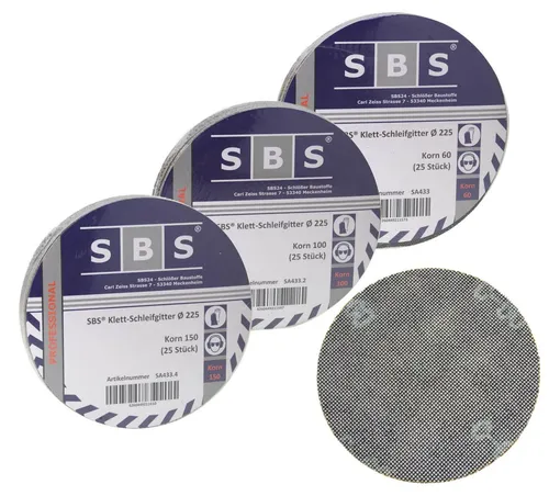 SBS Schlößer Baustoffe Schleifscheibe 225mm - Hochwertige Klett Schleifgitter mit Körnung 60-150, ideal für Wand- und Deckenschleifer. Perfekt für effizientes Schleifen und glatte Oberflächen.