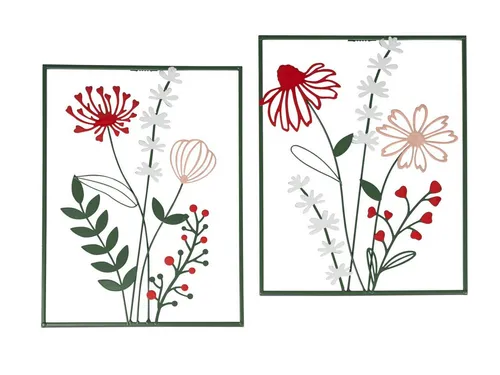 formano Wanddekoobjekt Blumen, 40cm Höhe, Mehrfarbig - Set aus 2 handbemalten Wandbildern mit bunten Blumenmotiven in einem grünen Rahmen. Ideal für eine kreative Wandgestaltung, gefertigt aus Metall und Holz.