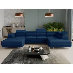 Wohnlandschaft Caris U mit Schlaffunktion - Ecksofa in Dunkelblau, mit zwei Bettkästen und einstellbaren Kopfstützen. Ideal für flexible Wohnräume – verwandelt sich einfach in ein bequemes Bett!