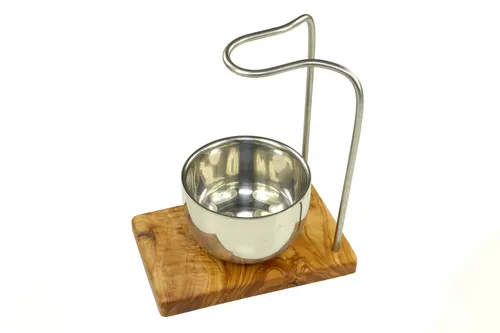 Rasierpinselhalter DESIGN PLUS aus OLIVENHOLZ mit Edelstahltiegel glänzend