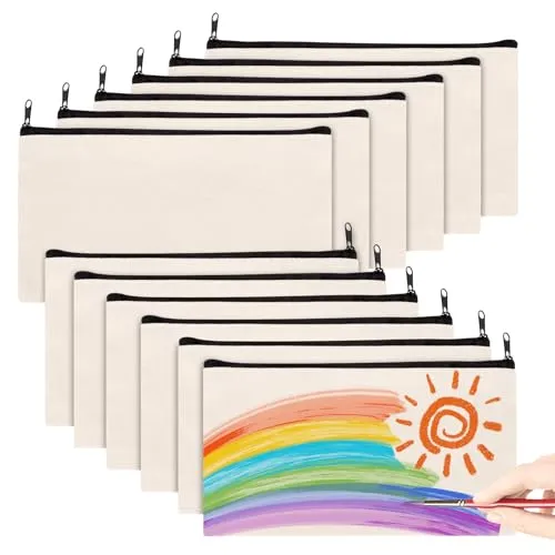 UWOBEFO 12 Stück DIY Blanko Stoffbeutel, Stiftetasche zum Bemalen, Stoffbeutel Mäppchen zum Bemalen, Leinwand Federmäppchen zum Bemalen, für Basteln Kindergeburtstag Kosmetiktasche Aufbewahrung