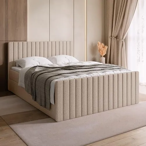 BROMARKT Boxspringbett mit Matratze Bett 180x200 Hellbeige Doppelbett mit Topper Boxbett mit Stauraum Polsterbett mit Bettkasten Kopfteil Dream Duo Härtegrad H3