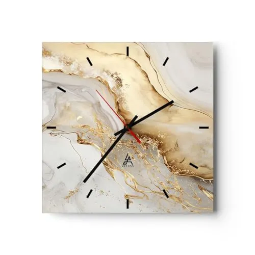 Modern Wanduhr Marmor Glanz Elegant 40x40cm Quadrat Groß Wand Uhr Glas Analog Zimmeruhren Küche Büro Wohnzimmer Glasuhr Wall Clock Dekoration Design Wanddekoration Küchenuhr C3AC40x40-5730