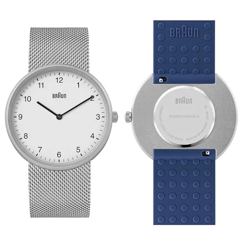 Braun 2-Zeiger-Quarz-Analoguhr mit Edelstahl-Mesh-Armband und Silikon-Kautschukarmband
