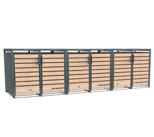 WESTMANN Mülltonnenbox Lacina - Platz für 6 Mülltonnen - Mülltonnenbox aus pulverbeschichtetem Stahl, modernes Design in Anthrazit/Holzoptik, schützt vor Geruch und Sonne, einfaches Befüllen dank Gasdruckfedern und praktische Fronttüren.