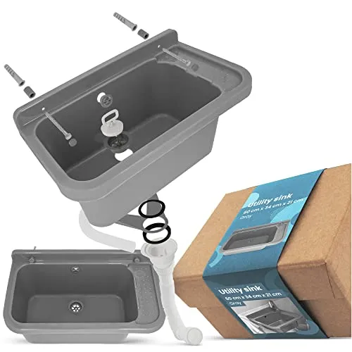 Waschbecken mit Regal 60 x 34 x 21 cm Grau | Spülbecken Ausgussbecken Waschtrog Becken Ablage Überlauf Gewerbe Waschraum Garten Garage Keller Werkstatt Waschküche Außenwaschbecken Gartenwaschbecken