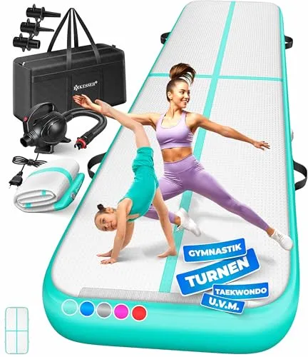 KESSER Turnmatte Aufblasbar - 3 bis 6m Gymnastikmatte mit Tragetasche und elektrischer Luftpumpe, strapazierfähig und vielseitig einsetzbar für Fitness und Yoga