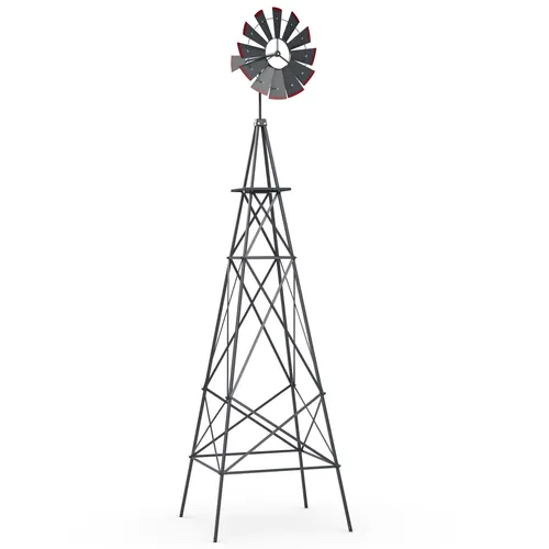 COSTWAY Windrad 253 cm – Wetterfeste Metall-Windmühle mit Wetterfahne und 4 Erdspießen - Verleihen Sie Ihrem Garten mit dieser 253 cm hohen Windmühle eine rustikale Note. Sie zeigt die Windrichtung an und bietet dank stabiler Erdspieße sicheren Halt. Ideal für dekorative Akzente in jedem Außenbereich.
