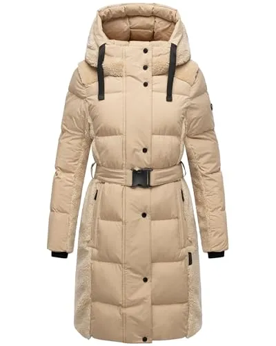 Navahoo Damen Winter Steppmantel warmer Plüschmantel mit Taillengürtel in Material-Mix mit Teddyfell Funkelteddy 14 Beige Gr. M