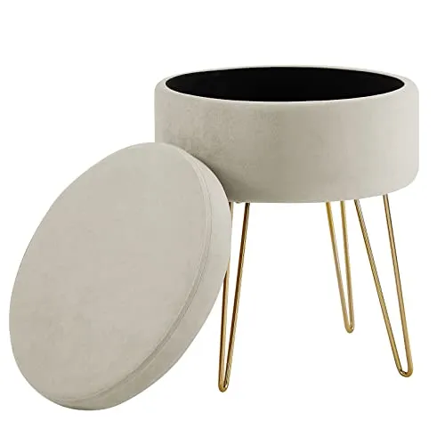 Zedelmaier Runder Sitzhocker Schminktisch Hocker Ottoman Gepolsterter Hocker Abnehmbarer Bezug Metallstütze (Beige)