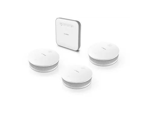 BOSCH Smart Home Starterset mit 1 Controller II und 3 Rauchwarnmeldern - Smart Home Gefahrenmeldeanlage mit App-Bedienung, sorgt für Sicherheit durch akustische Alarme und Fernzugriff via Bosch Smart Home App.