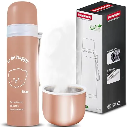 Retoo Thermosflasche 500 ml aus Edelstahl – Vakuum Isolierflasche mit Becher, mobiler Thermobecher für Kaffee & Tee, hält Getränke heiß oder kalt, auslaufsicherer Verschluss, Braun