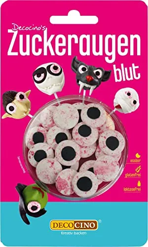 DECOCINO Halloween Essbare Zuckeraugen mit Blut - Augen aus Zucker zur Dekoration von Muffins, Cupcakes, Cake Pops, Kuchen, Torten etc.